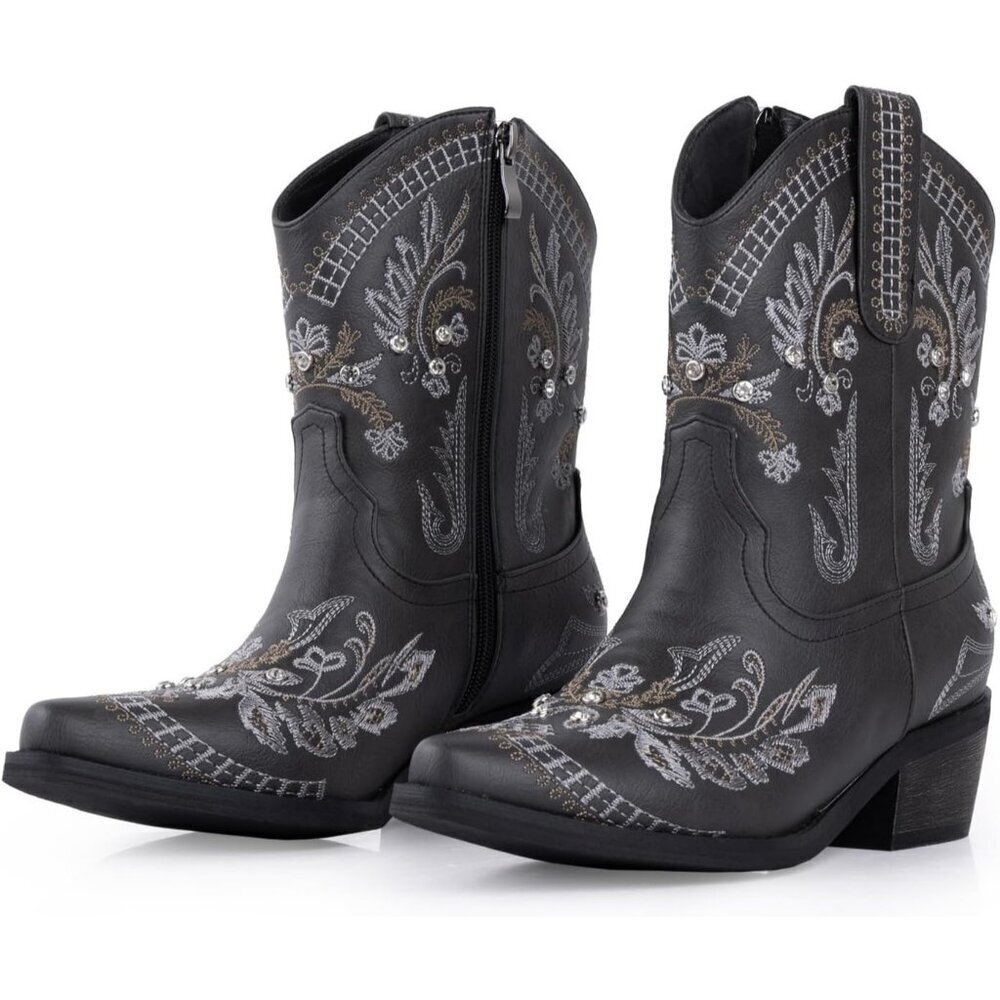 Women's Black Embroidered Side Zipper Comfortable Chunky Heel Western Boot
